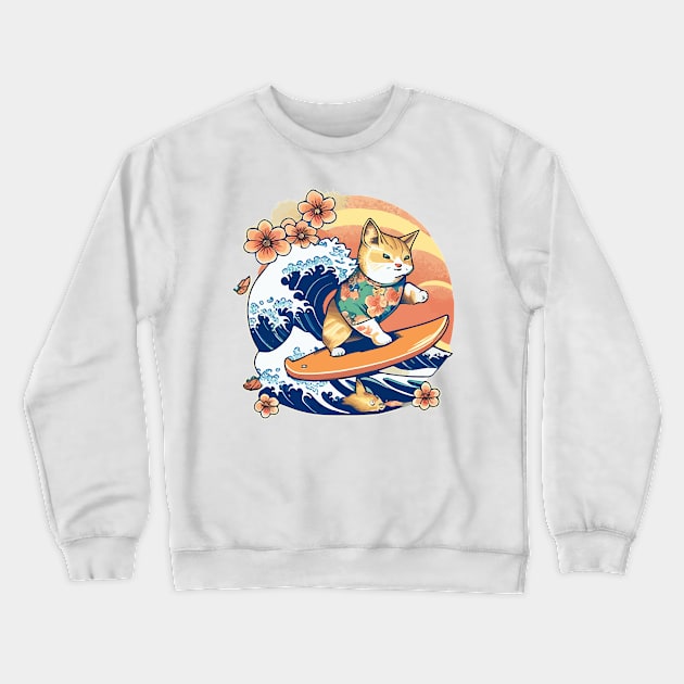 Surfing Japanese Cat Crewneck Sweatshirt by Kona Cat Creationz